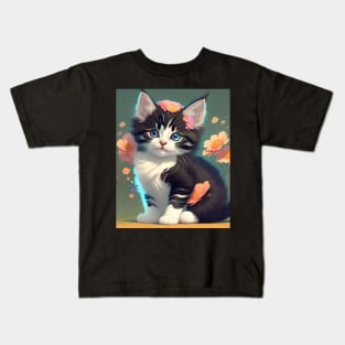 Beautiful Calico Kitten with Flowers - Modern Digital Art Kids T-Shirt